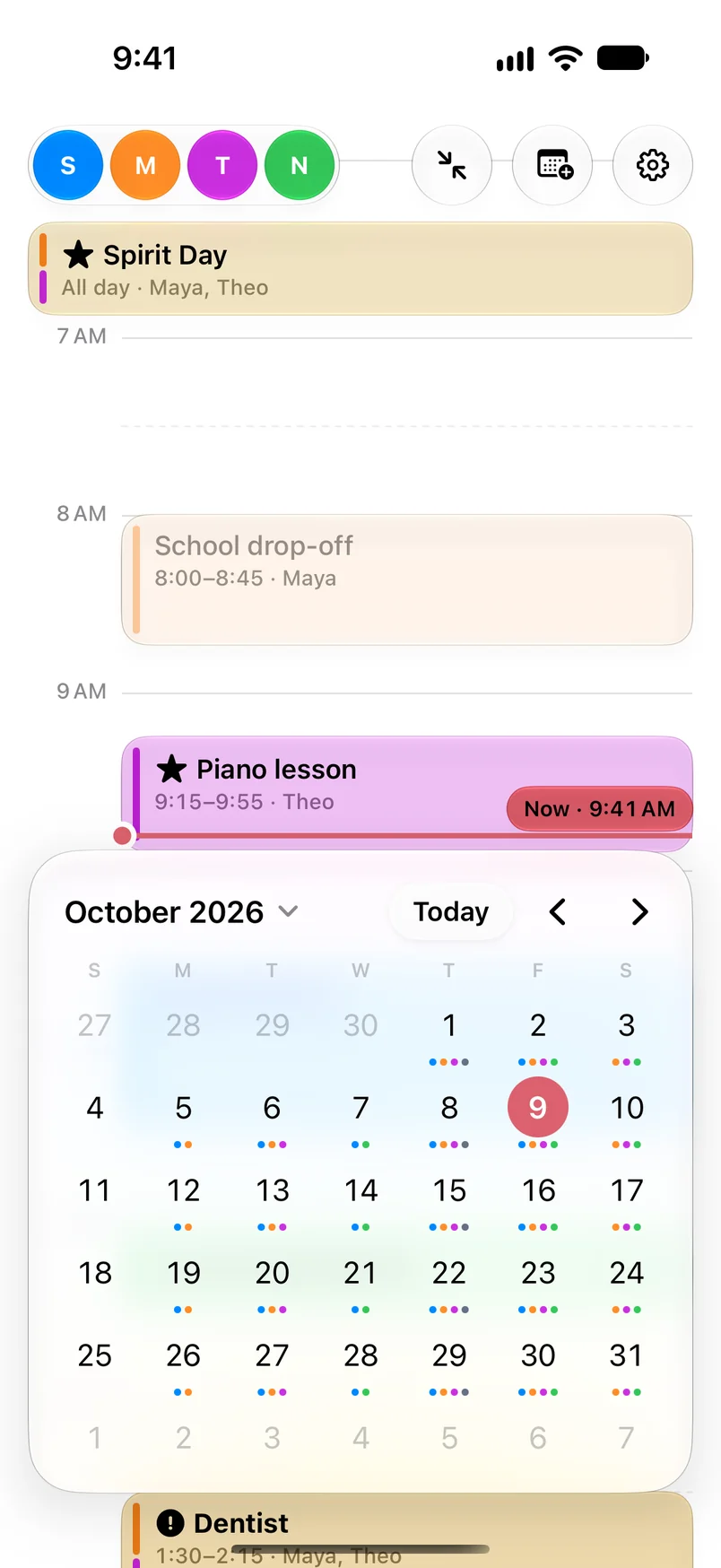 Dayloom with the week strip unfolded into a month calendar, with colored dots under days that have events.
