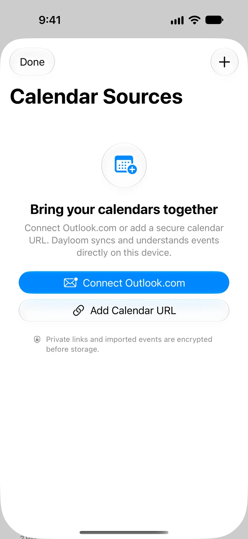 Dayloom’s Calendar Sources screen, with buttons to connect Outlook.com or add a calendar URL.