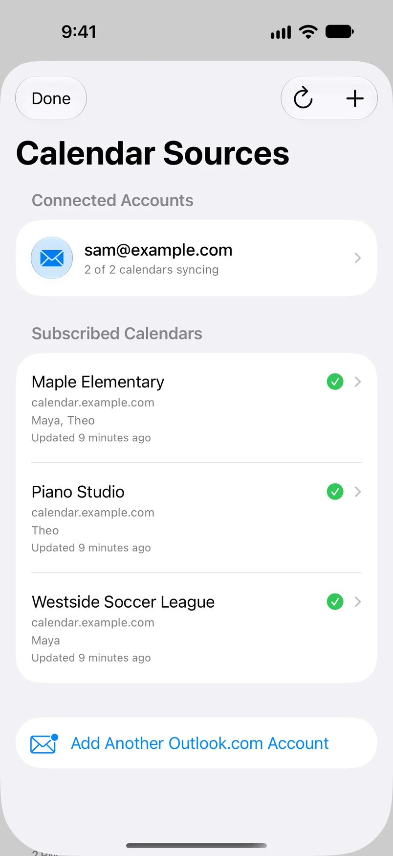 Dayloom’s Calendar Sources list, showing a connected Outlook.com account and three subscribed calendars.