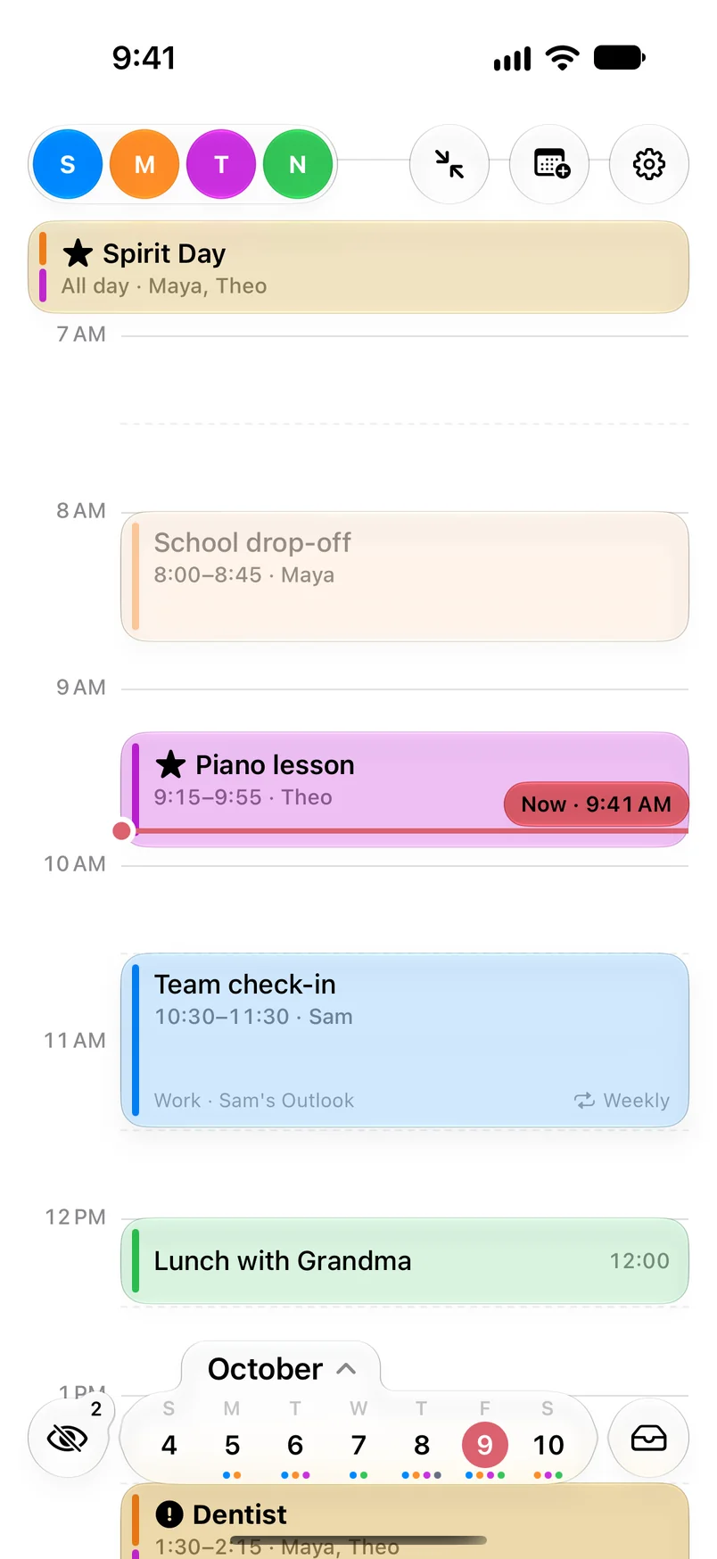 Dayloom on iPhone: a day timeline with each family member’s events in their own color and a marker for the current time.